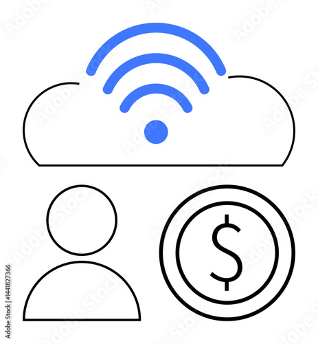 Cloud with wireless icon, person profile icon, and dollar coin symbolize online connectivity, user access, financial management, data sharing. Ideal for technology, finance, cloud computing user