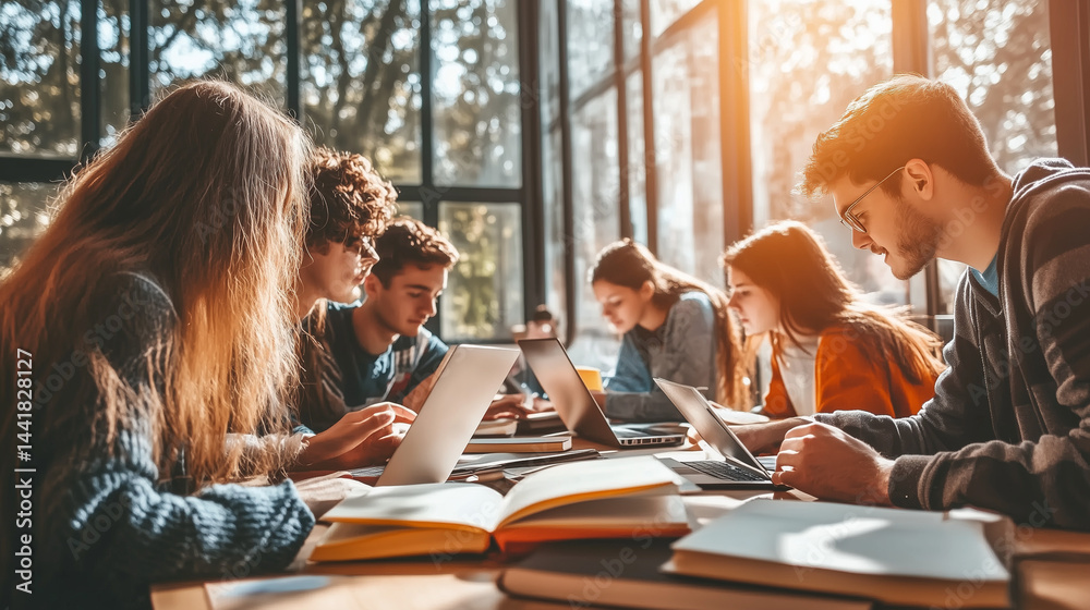 Young international students from diverse backgrounds studying together in a modern university library, books and laptops on table. Education, teamwork and multicultural learning concepts.