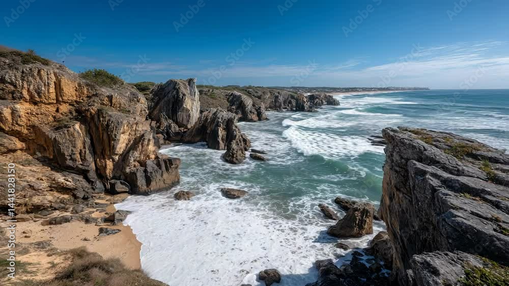 Coastal view of rocky cliffs and waves crashing on the beach in Algarve during the day with clear skies Coastal view of rocky cliffs and waves crashing on the beach in Algarve during the day with clear skies