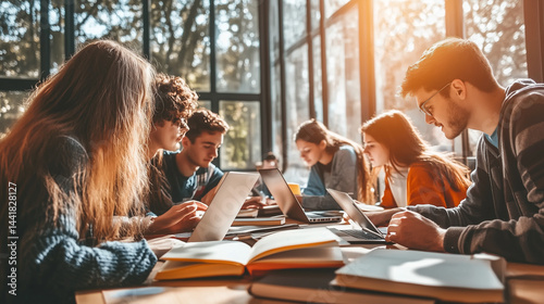 Obraz na płótnie Young international students from diverse backgrounds studying together in a modern university library, books and laptops on table. Education, teamwork and multicultural learning concepts. w salonie