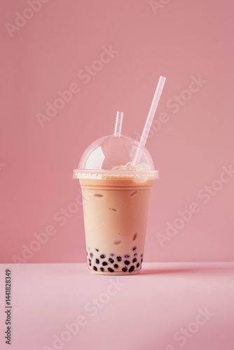 Classic Brown Sugar Bubble Tea, Tapioca Pearls, Thick Straw, Pastel Pink Background, Product Shot, 2:3