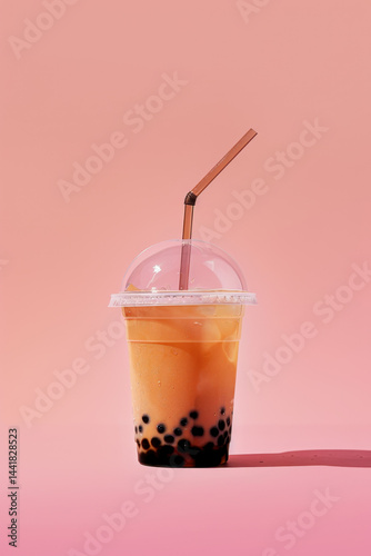 Classic Brown Sugar Bubble Tea, Tapioca Pearls, Thick Straw, Pastel Pink Background, Product Shot, 2:3