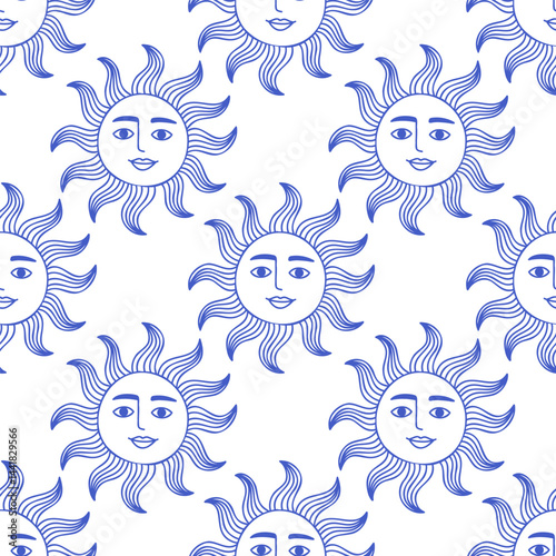 La dolce vita doodles seamless pattern sun. Blue on white vector illustration of italian style hand drawn posters. Wall art prints decor, for invitations, menus design.