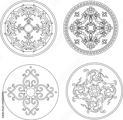 Vector sketch illustration silhouette design decoration ornament mandala rosette pattern carving classic vintage floral natural