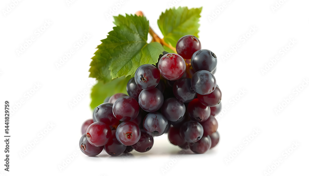 Fototapeta premium red grapes isolated on white | A cluster of grapes with green leaves on a plain white background.