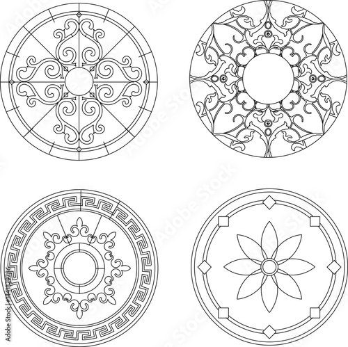 Vector sketch illustration silhouette design decoration ornament mandala rosette pattern carving classic vintage floral natural 