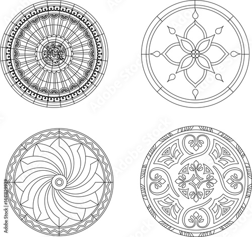 Vector sketch illustration silhouette design decoration ornament mandala rosette pattern carving classic vintage floral natural