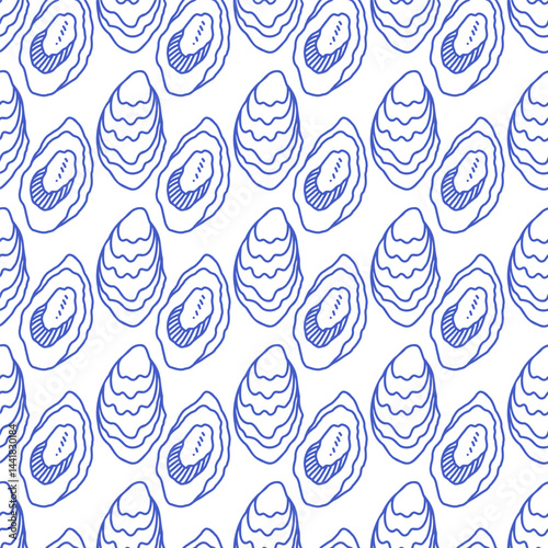 La dolce vita doodles seamless pattern oyster. Blue on white vector illustration of italian style hand drawn posters. Wall art prints decor, for invitations, menus design.
