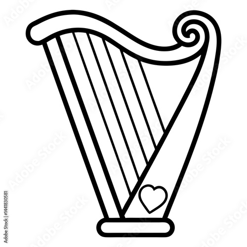 Intricate Harp with Heart Details – Fine Line Art