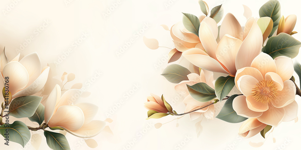Luxurious magnolia motif: green leaves entwine blossoms on the right against a blurred, light beige backdrop
