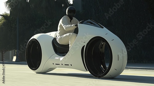 Futuristic white hubless motorcycle being ridden by a person in a white suit and helmet on an empty street.