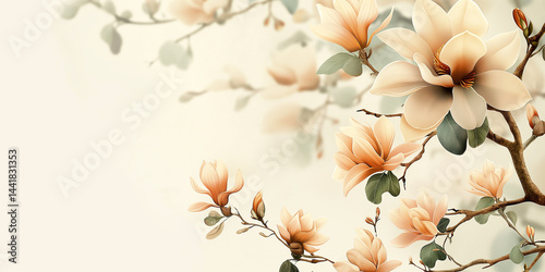 Elegant vector wallpaper: magnolia blooms and green leaves cascade down the right on a pastel peach-beige canvas