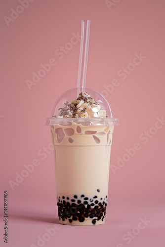 Classic Brown Sugar Bubble Tea, Tapioca Pearls, Thick Straw, Pastel Pink Background, Product Shot, 2:3