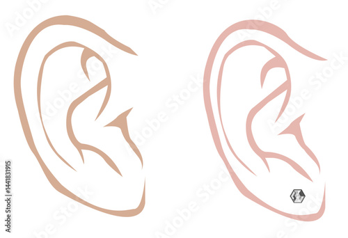 Male and Female Ear  with a diamond earring in Outline Art Style. Editable Clip Art.
