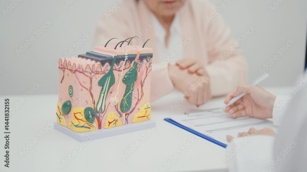 woman Patient consultation Dermatologist with anatomy of skin and hair. Skin disease and Hair loss, Systemic Lupus Erythematosus or SLE, world lupus day, May Melanoma and Skin Cancer Awareness month