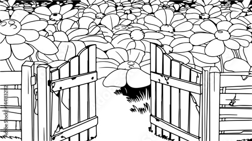 Rustic Garden Gate Coloring Page – Black and White Line Art for Adult Coloring Books photo