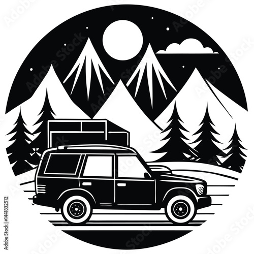 Camping Vehicle RV, camper van, trailer, roof tent vector Silhouette illustration 