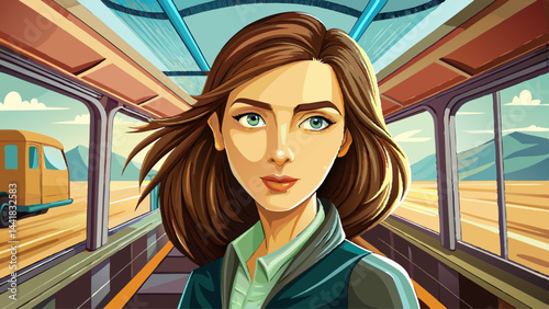 caucasian woman traveling by train