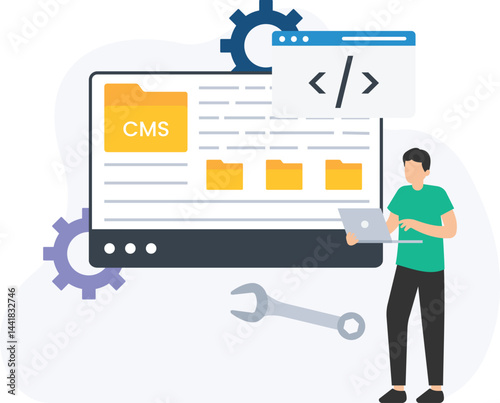 Programmer working on cms platform, using laptop and tools, managing digital content, organizing files and folders, optimizing website performance and user experience

