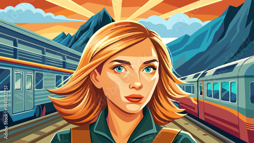 caucasian woman traveling by train