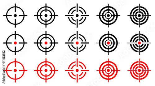 Success target or aim icon set. Gun sight vector icons. Bullseye black and red symbol. Shooting mark sign. Archery, hunting and sports shooting. Game UI element. Isolated on white background.