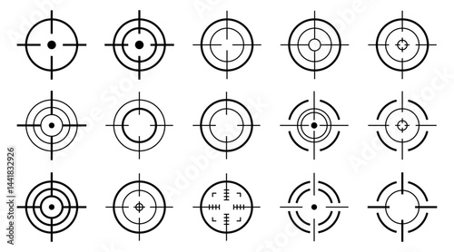 Success target or aim icon set. Gun sight vector icons. Bullseye black and red symbol. Shooting mark sign. Archery, hunting and sports shooting. Game UI element. Isolated on white background.
