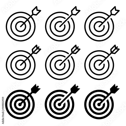 Success target or aim icon set. Gun sight vector icons. Bullseye black and red symbol. Shooting mark sign. Archery, hunting and sports shooting. Game UI element. Isolated on white background.