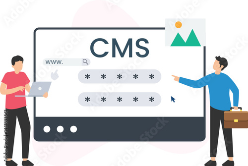 Two programmers are working together, managing content, uploading images, and setting passwords on a content management system (cms) platform, enhancing website functionality and user experience

