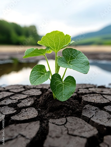 A vibrant sprout pushes through cracked earth