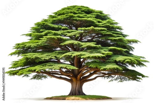 Would you like a shorter version as well?, A cedar of lebanon tree with a thick trunk and dense green foliage against a white background in full view
