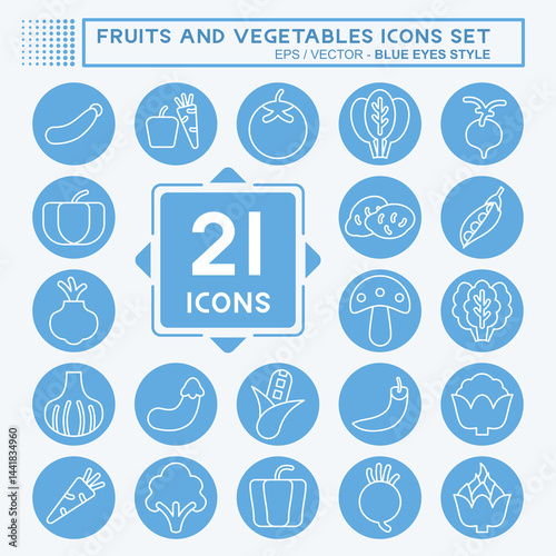Icon Set Fruits and Vegetables. related to Education symbol. blue eyes style. editable