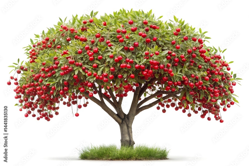 Fototapeta premium Would you like a shorter version as well?, A vibrant tree laden with red fruits and green leaves against a stark white background is presented here