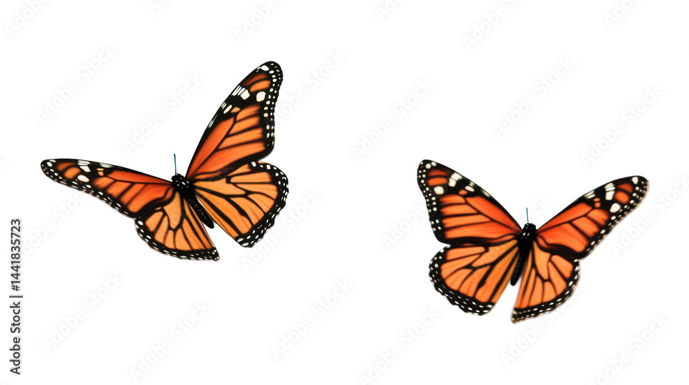 Obraz premium Pair of Vibrant Monarch Butterflies with Orange Wings Isolated on Transparent Background