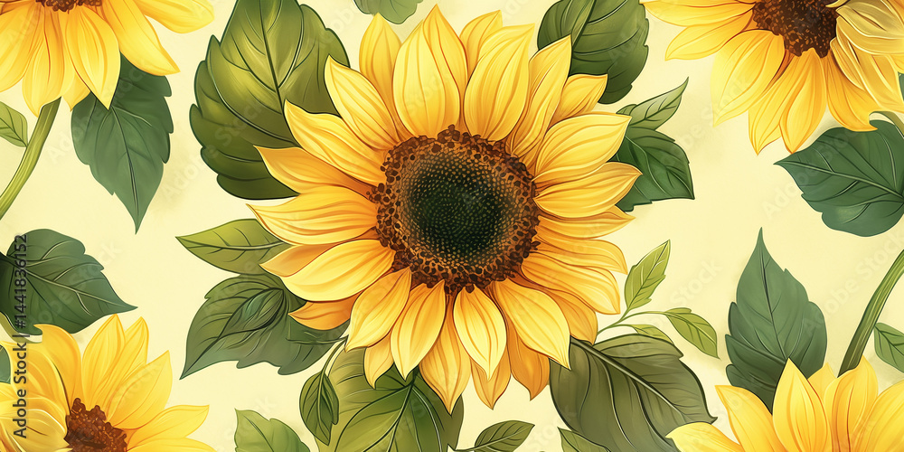 Romantic sunflower wallpaper: bright blooms and verdant leaves on a pale yellow flat-design canvas