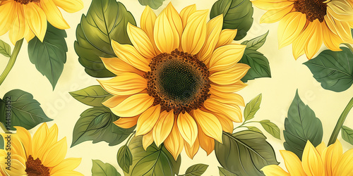 Romantic sunflower wallpaper: bright blooms and verdant leaves on a pale yellow flat-design canvas