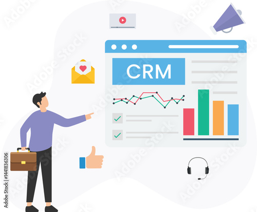 Marketing manager pointing at crm system webpage with charts and data, using marketing tools like email, video, megaphone and headset for customer relationship management

