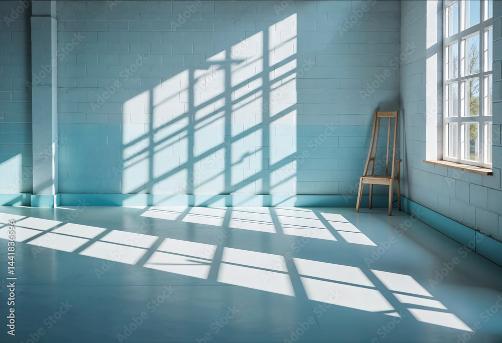 Obraz premium Empty Blue Room with Wooden Floor and Window.Minimalist Blue Room with Wooden Floor and Window, Empty Space