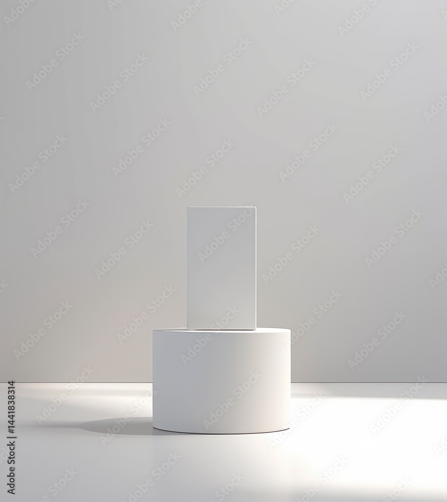 Minimalist white cylindrical pedestal with a rectangular vertical block on top in a softly lit empty space conveying simplicity and calmness Minimalist white cylindrical pedestal with a rectangular vertical block on top in a softly lit empty space conveying simplicity and calmness