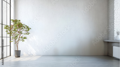 Bright and minimal interior with large window and decorative plant in modern space