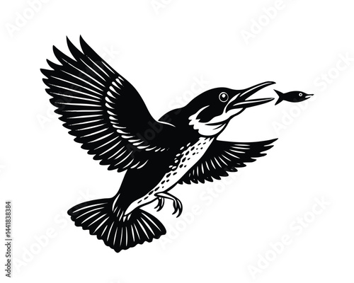 vector silhouette kingfisher in the water of fish