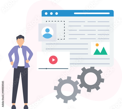 Website manager working with different content formats, including text, video and images, and managing settings, symbolizing the process of website development and content management

