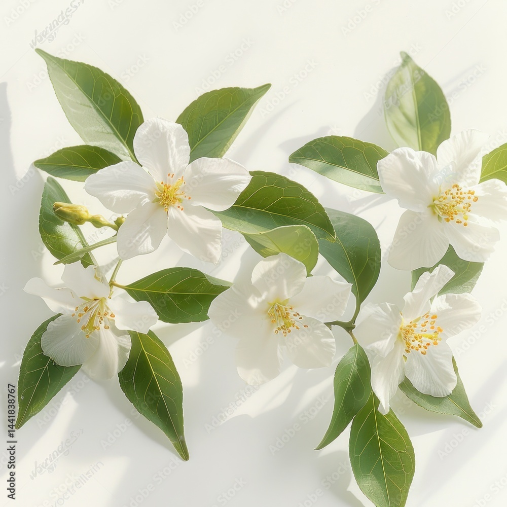 Fototapeta premium Close-up of a cluster of delicate white flowers with yellow stamens and green leaves on a white background, evoking freshness and simplicity