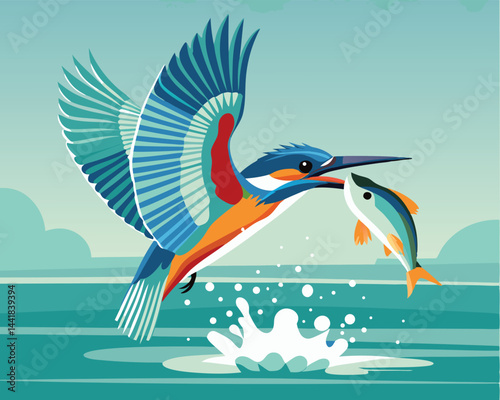  illustration of vector a kingfisher in the water on fish