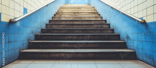 Subway stairs ascent, blue tiles, progress