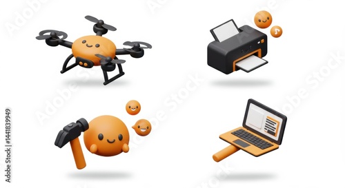 Tech Icons: Drone, Printer, Repair, Laptop - Cute 3D Renderings