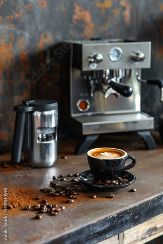 Flatlay: Artisan Coffee Beans, Grinder, Portafilter, Espresso Cup, Warm Brown Tones, Food Photography, 2:3