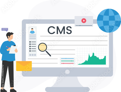 Website administrator updating content, analyzing data, and optimizing performance using a content management system (cms) on a computer, enhancing online presence and user experience

