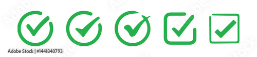 Green check mark icon set, tick mark with checkbox icon. vector illustration on transparent background.