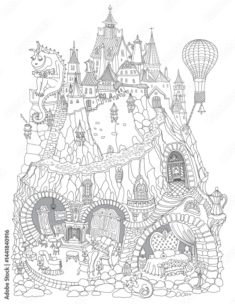 Fototapeta premium Fairy tale Dragon reading book, old medieval castle . Vector contour thin line illustration, coloring book page
