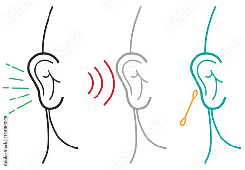 Set of Human Ear Illustration in Outline Art Style. Editable Clip Art.
